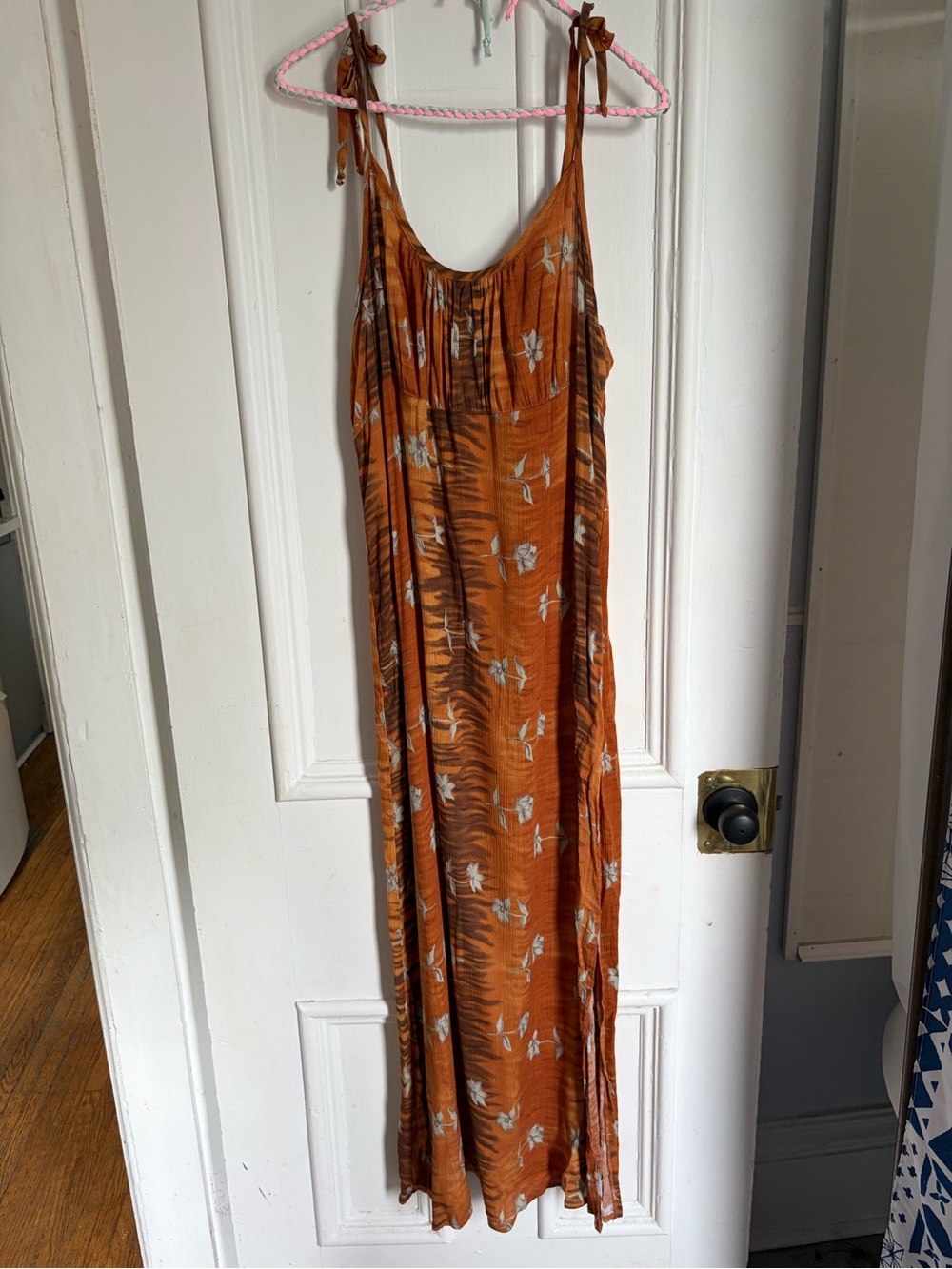 y2k Vintage Rust Orange Floral Tie-Shoulder Maxi Dress